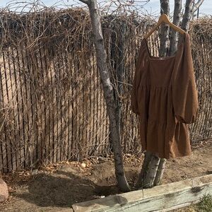 Brown Puff-Sleeve Tiered Mini Dress